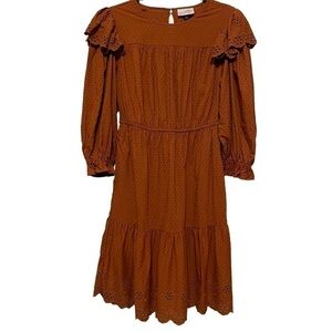 NWT Universal Thread Orange Brown Eyelet Prairie Dress Ruffles Pockets Size M